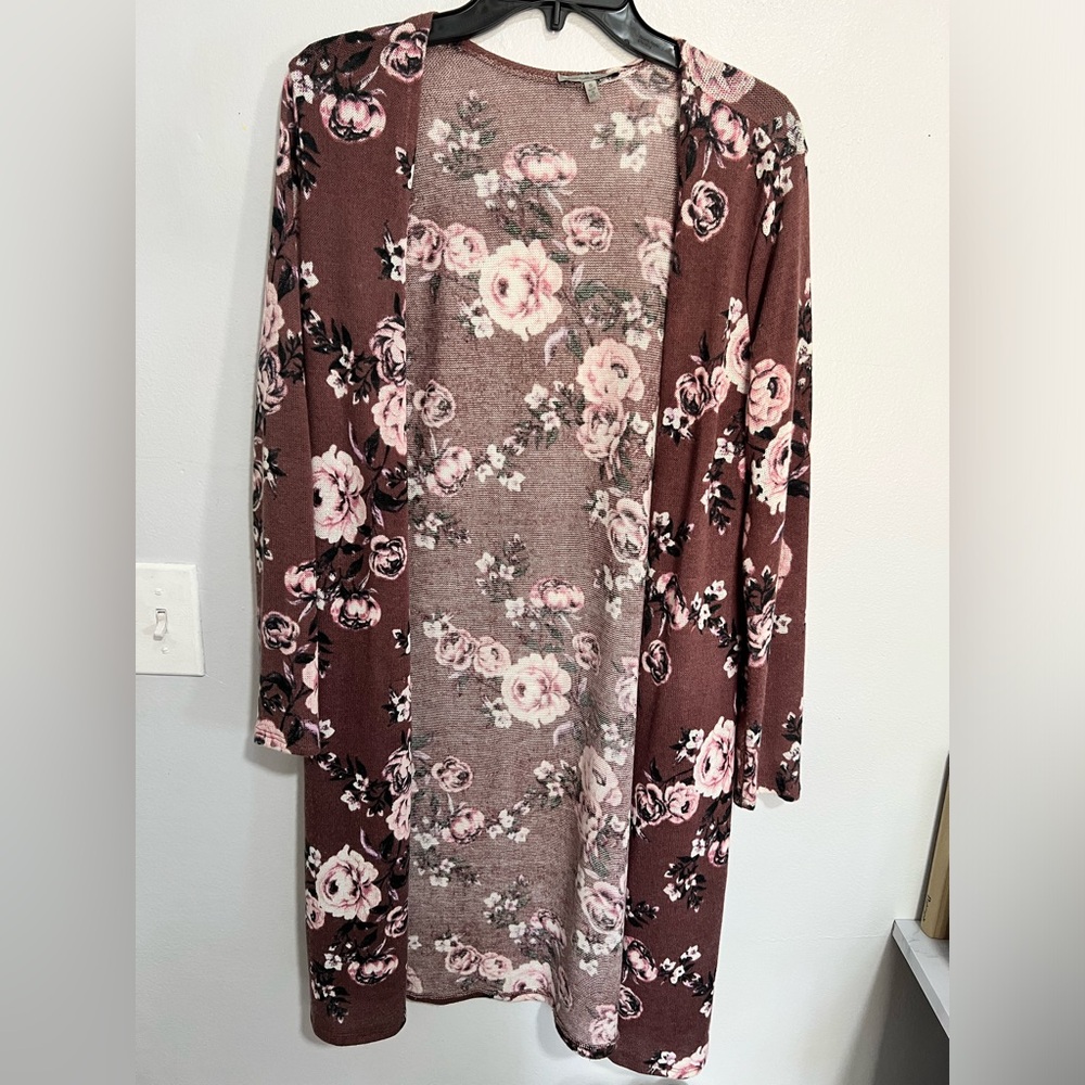 Long purple cardigan with pink flowers